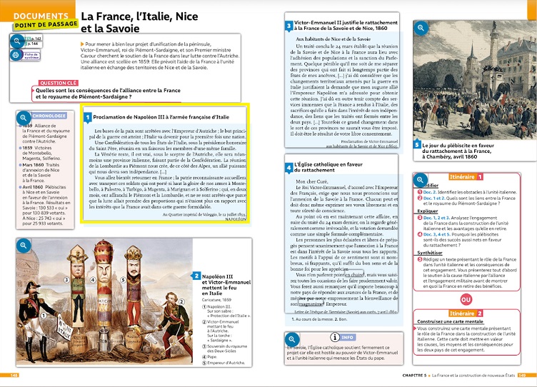 Vue d'une double page d’un manuel de français Nathan sur Biblio Manuels avec ses blocs de texte et d’image cliquables individuellement