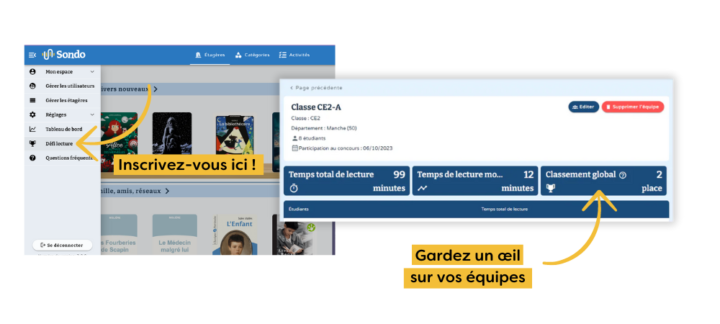Inscrivez-vous dans l'onglet "Défi lecture" sur l'application SONDO, et gardez un oeil sur vos équipes dans le classement global
